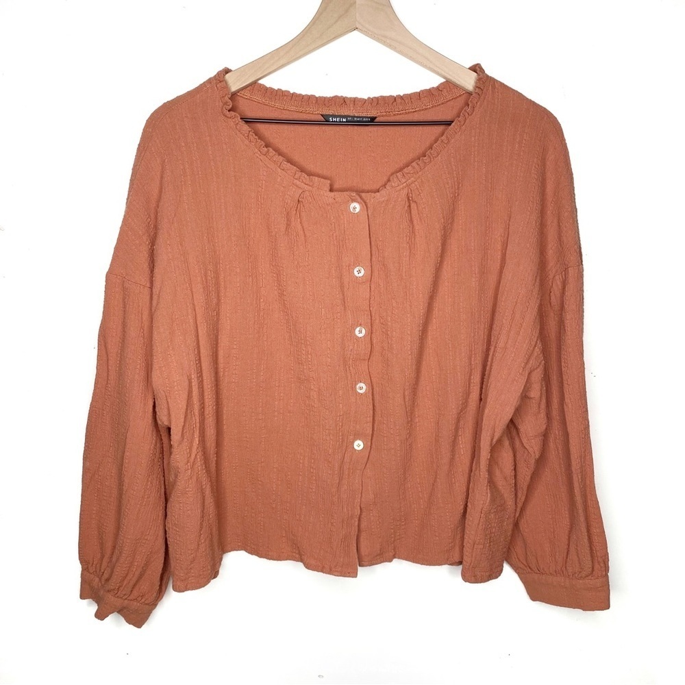 SHEIN Terra Cotta Button Front Blouse Boho Peasant Top Long Sleeve L